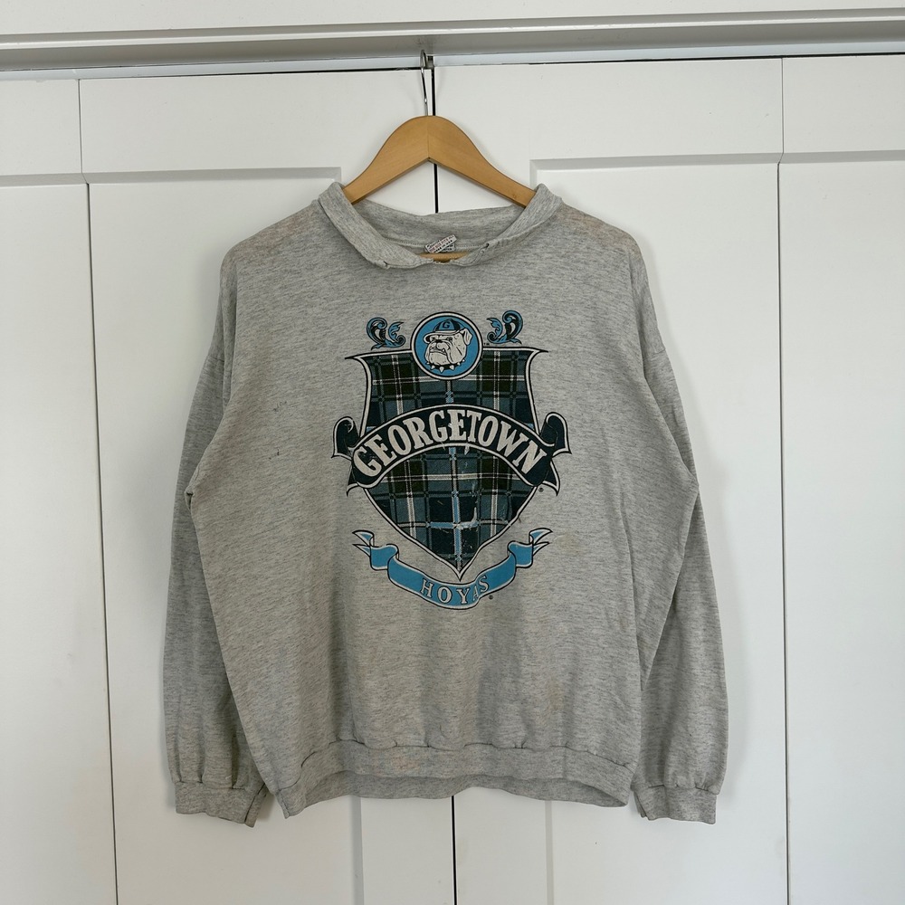 Mens Vintage Georgetown Hoyas Sweatshirt Gray 90s Plaid Shield Bulldog